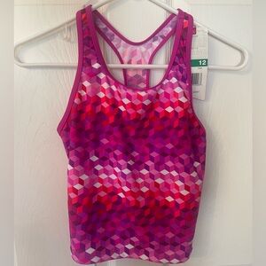 NWT Girls Speedo Tankini top geometric pink and red pattern Sz 12